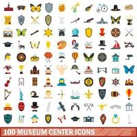 100 museumcentrum iconen set, vlakke stijl vector
