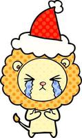 stripboekstijlillustratie van een huilende leeuw die een kerstmuts draagt vector
