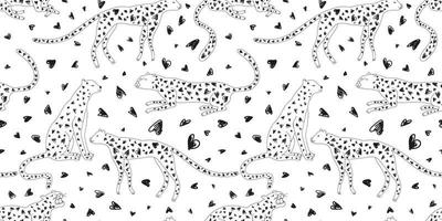 hand getekend schattig luipaard en harten naadloos patroon. doodle cheetah eindeloos behang vector