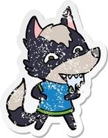 verontruste sticker van een cartoon hongerige wolf vector