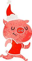 vrolijke retro cartoon van een rennend varken met een kerstmuts vector