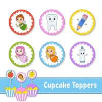 cupcake toppers. set van zes ronde foto's. stripfiguren. schattig beeld. voor verjaardag, py, baby shower. vector