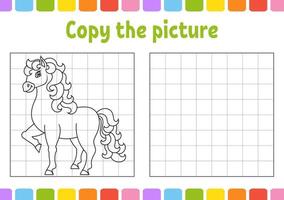 kopieer de foto. leuk paard. boerderijdier. kleurboekpagina's voor kinderen. onderwijs ontwikkelen werkblad. spel voor kinderen. handschrift oefenen. grappig karakter. schattige wasbeer vectorillustratie. vector