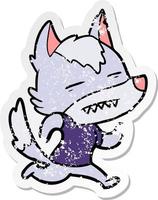 verontruste sticker van een cartoonwolf met tanden vector