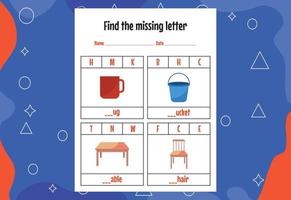 zoek de ontbrekende letter. onderwijs spelling werkbladen voor kinderen. activiteitenpagina vector
