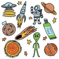 set kindertekeningen over het thema ruimte en buitenaardse wezens, planeten, kometen, raketten, sterren. astronauten dag concept vector
