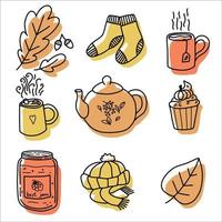 herfst plakboekbundel, gezellige herfstpictogrammen of stickers met mok, beker, waterkoker, cakes en bladeren. sokken en warme muts en sjaal vector set