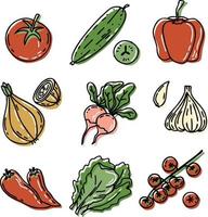 vectorreeks groenten voor salade - tomaat, kersentomaten, komkommers, ui, knoflook, roodachtig, peper, groene bladeren. handgetekende collectie met zwarte omtrek geïsoleerd op een witte achtergrond vector