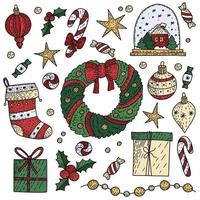 doodles kerst elementen. kleur vector items. illustratie met nieuwjaarsdecor. ontwerp voor prints en kaarten