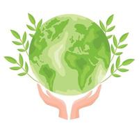 handen met groene aardebol met plant en bladeren. vector illustratie