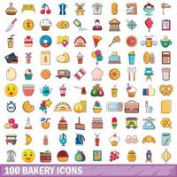 100 bakkerij iconen set, cartoon stijl vector