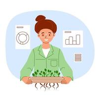 microgroen voor uw gezondheidsconcept. de voedingsdeskundige van het meisje in glazen spruiten microgreen, dieetplan van gezonde voeding, superfoods, gelukkige jonge wetenschapper adviseert om microgreens te consumeren Vectorbeelden vector