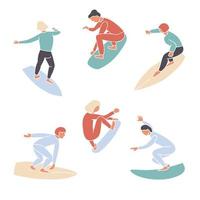 vector set van eenvoudige abstracte surfers anonieme silhouetten. surfschool logo banner. surfende mensen. golf renners vector illustratie