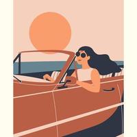 vrouw rijden vakantie cartoon auto zonsondergang reizen vector