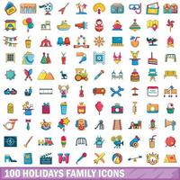 100 vakantie familie iconen set, cartoon stijl vector
