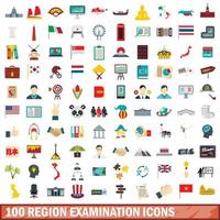 100 regio-onderzoek iconen set, vlakke stijl vector