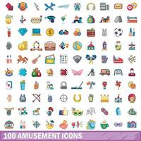 100 amusement iconen set, cartoon stijl vector