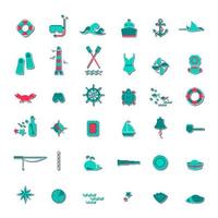 vector sticker icon set op het thema van de zee, navigatie, reizen, toerisme, duiken. nautische illustratie van zeevarende objecten, zeiluitrusting