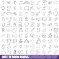 100 fit lichaam iconen set, Kaderstijl vector