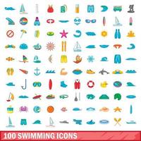 100 zwemmen iconen set, cartoon stijl vector