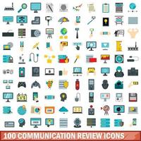 100 communicatie beoordeling iconen set, vlakke stijl vector