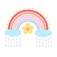 regenboog en bloem, wolken met regen. illustratie voor afdrukken, achtergronden, omslagen, verpakkingen, wenskaarten, posters, stickers, textiel en seizoensontwerp. geïsoleerd op een witte achtergrond. vector