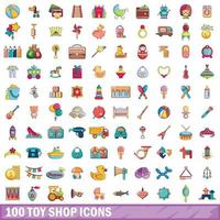 100 speelgoedwinkel iconen set, cartoon stijl vector