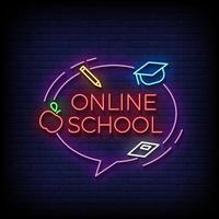 online school neon teken op bakstenen muur achtergrond vector