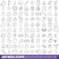 100 maaltijd iconen set, Kaderstijl vector