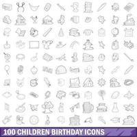 100 kinderen verjaardag iconen set, Kaderstijl vector