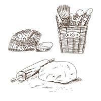 vintage hand getrokken schets bakkerij stijlenset. brood, gebak snoep, deeg op witte achtergrond. vectorillustratie. pictogrammen en elementen voor print, web, mobiel en infographics.