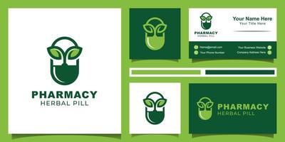logo-ontwerp van kruidencapsule pil blad geneeskunde medicijnpictogram ontwerp en visitekaartje vector