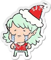 verontruste sticker cartoon van een huilend elfmeisje met een kerstmuts vector