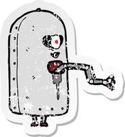 retro noodlijdende sticker van een cartoon onhandige oude robot vector