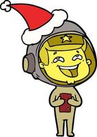 lijntekening van een lachende astronaut met een kerstmuts vector