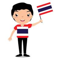 lachend kind, jongen, met een vlag van thailand geïsoleerd op een witte achtergrond. vector cartoon mascotte. vakantieillustratie op de dag van het land, onafhankelijkheidsdag, vlagdag.