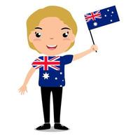 lachend kind, jongen, met een vlag van Australië geïsoleerd op een witte achtergrond. vector cartoon mascotte. vakantieillustratie op de dag van het land, onafhankelijkheidsdag, vlagdag.