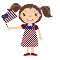 lachend kind, meisje, met een Amerikaanse vlag geïsoleerd op een witte achtergrond. vector cartoon mascotte. vakantieillustratie op de dag van het land, onafhankelijkheidsdag, vlagdag.