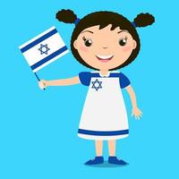 lachend kind, meisje, met een vlag van Israël geïsoleerd op een blauwe achtergrond. vector cartoon mascotte. vakantieillustratie op de dag van het land, onafhankelijkheidsdag, vlagdag.