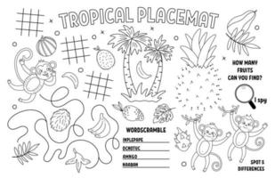 vector tropische placemat voor kinderen. exotische zomerafdrukbare activiteitenmat met verschil zoeken, punt-naar-punt, doolhof. zwart-wit speelkleed of kleurplaat met schattige jungledieren, aap, banaan.