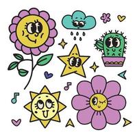 abstracte retro stripfiguren instellen. cartoon 30s 40s 50s clip art bloemen mascottes met grappige gezichten. wolk, bloemen, cactus, zon en ster. vector psychedelische illustratie.