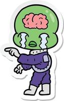 sticker van een cartoon big brain alien die huilt en wijst vector