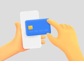 hand met smartphone met creditcard. 3d vectorillustratie vector