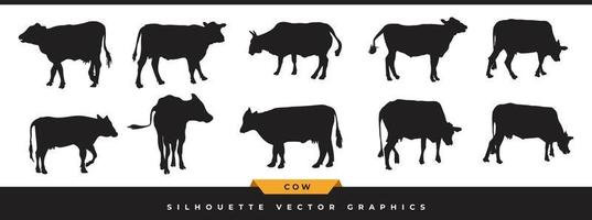 koe silhouet collectie. grote reeks van vee, vee silhouet iconen. handgetekende boerderij dieren vectorillustratie in verschillende poses geïsoleerd op een witte achtergrond. vector