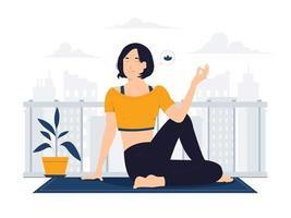 mooie jonge vrouw die thuis yoga beoefent, ontspannen en geduldig glimlachend met gesloten ogen mediterend om te kalmeren, doe ademhalingsoefeningen met handen in zen gebaar concept illustratie vector