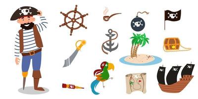 een set piratenitems. een piratenfiguur in een pak, een hoed, zonder been en met een baard. vector