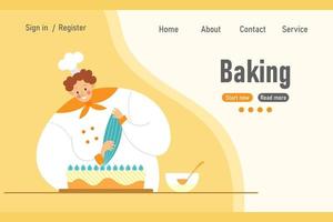 schattige chef-banketbakker bereidt een cake en baktekst voor. banner, websiteconcept, illustratie, vector