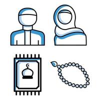 islamitisch ingesteld pictogram. bevat iconen als moslimman, moslimmeisje, gebedskleed, gebedskralen. tweekleurige pictogramstijl. eenvoudig ontwerp bewerkbaar vector