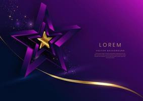 3d gouden ster met gouden lint gebogen op donkerblauwe en paarse achtergrond. sjabloon luxe premium award ontwerp. vector