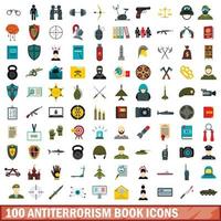 100 antiterrorisme boek iconen set, vlakke stijl vector